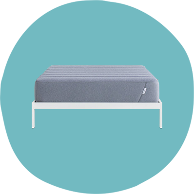 Front view of Tuft & Needle Hybrid Mattress on bed frame
