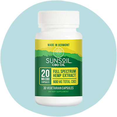 Front of Sunsoil Full Spectrum CBD Oil Vegan Capsules bottle