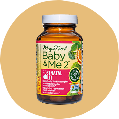 Bottle with front label of MegaFood Baby & Me 2 Postnatal Multi