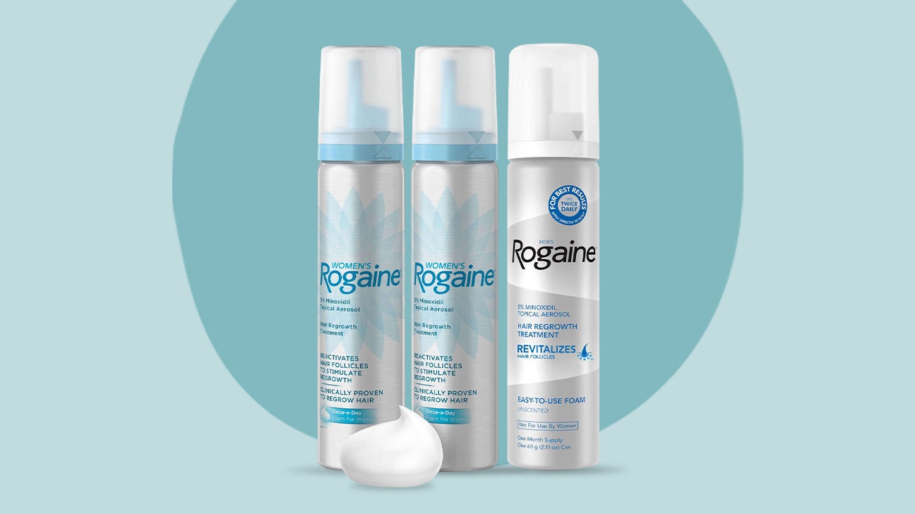 Image of three silver bottles of Rogaine's foaming formula for women and for men.