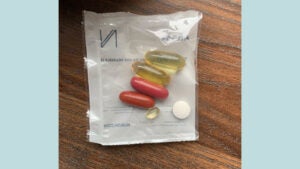 Reverse side of the daily vitamin pack, showing all 6 recommended vitamins