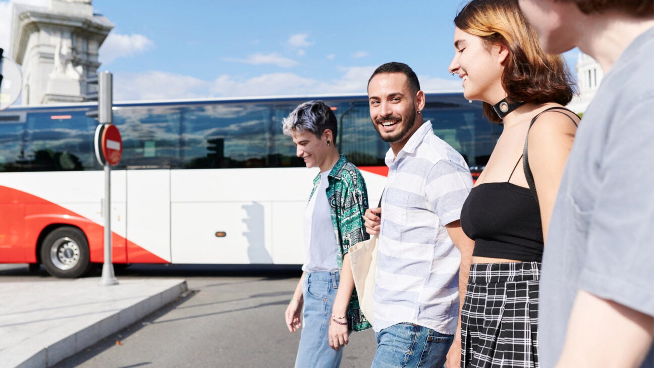 Two young men and two young women walk together