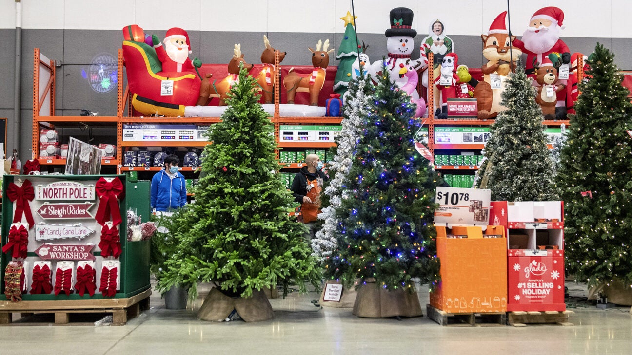 Holiday decorations for sale at a Home Depot. 