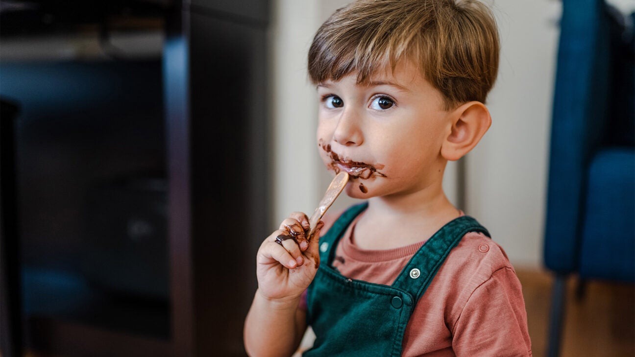 A young boy licks a stick as he finished a chocolate ice cream bar