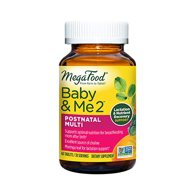 Bottle with front label of MegaFood Baby & Me 2 Postnatal Multi