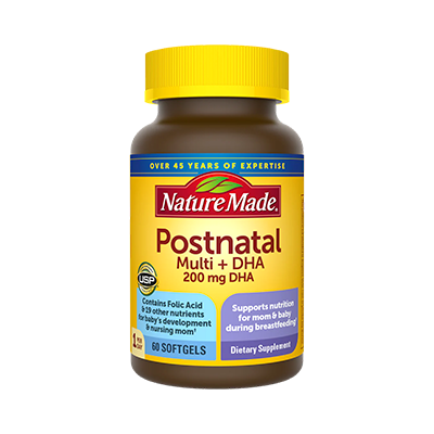 Bottle with front label of Nature Made Postnatal Multi + DHA