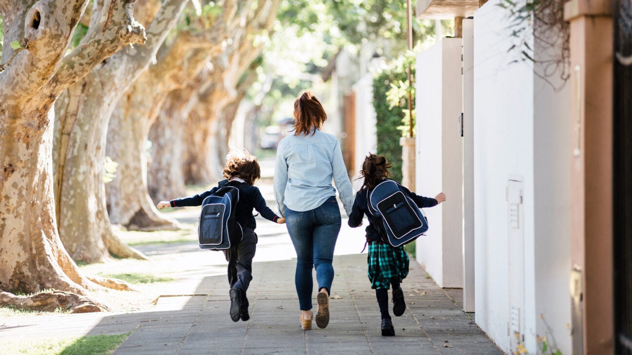 Two children walk down a street holding hands with a woman.