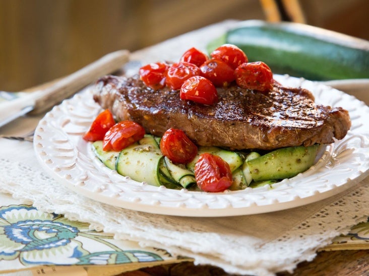 Seared Steak Salad with Fresh Basil Pesto and Raw Zucchini Salad